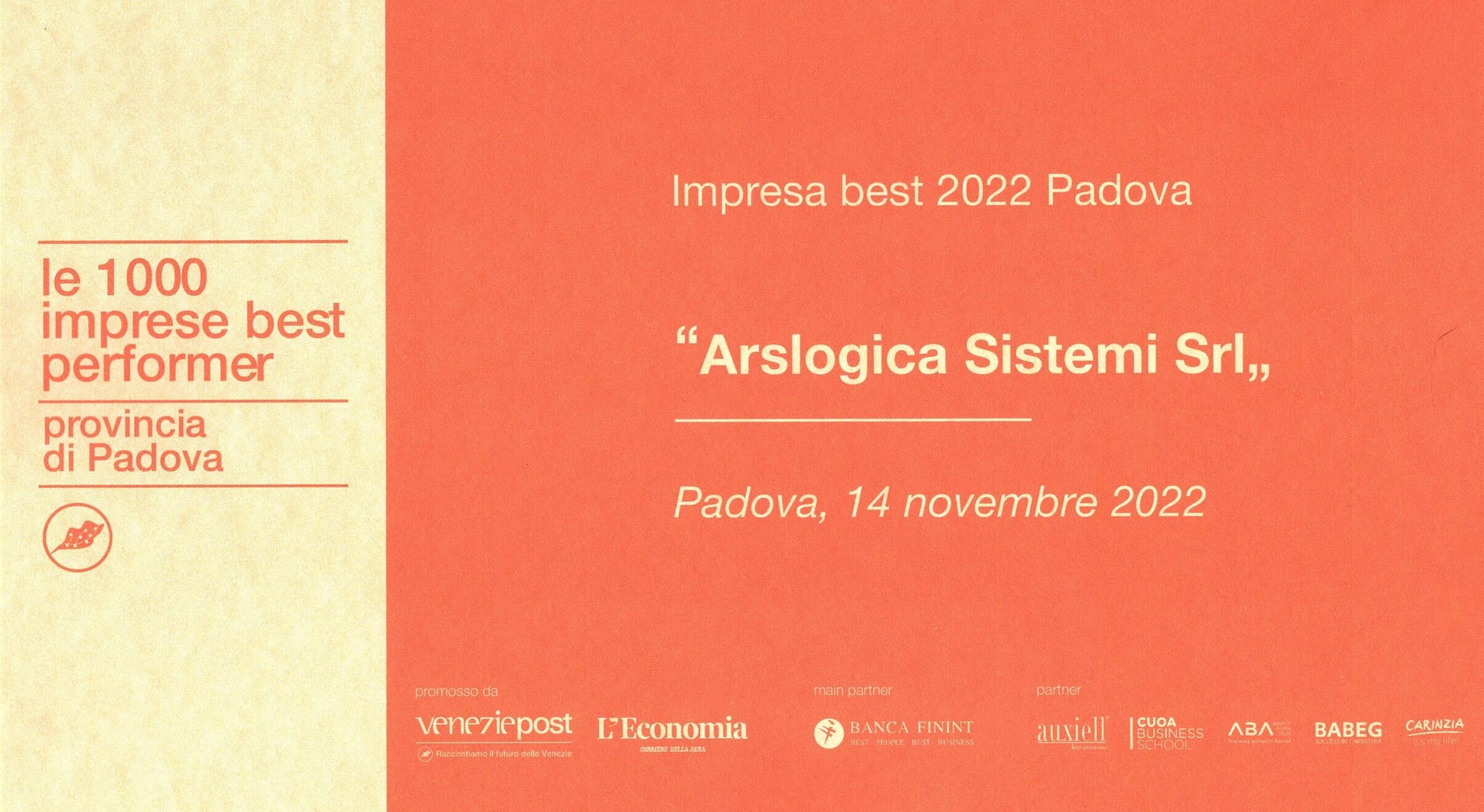 Arslogica Sistemi S.r.l. riceve il premio “Impresa Best Performer 2022 Padova”